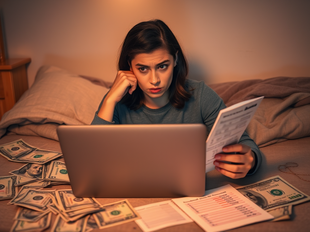 A woman sitting on a bed, looking concerned as she checks her finances on a laptop, surrounded by scattered cash and financial documents.