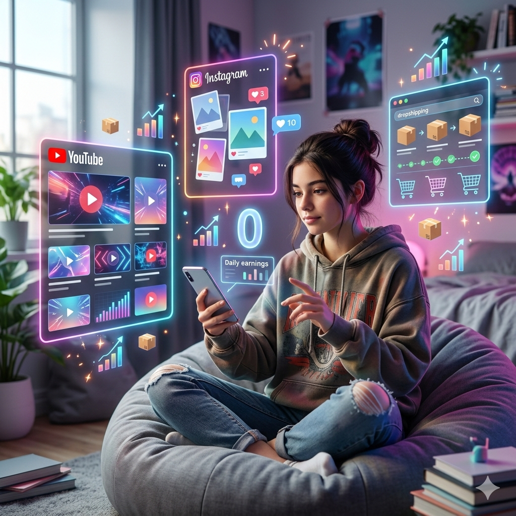 A person sitting on a bean bag, using a smartphone, surrounded by virtual interfaces displaying social media statistics and elements related to dropshipping, such as earnings and viewer engagement.