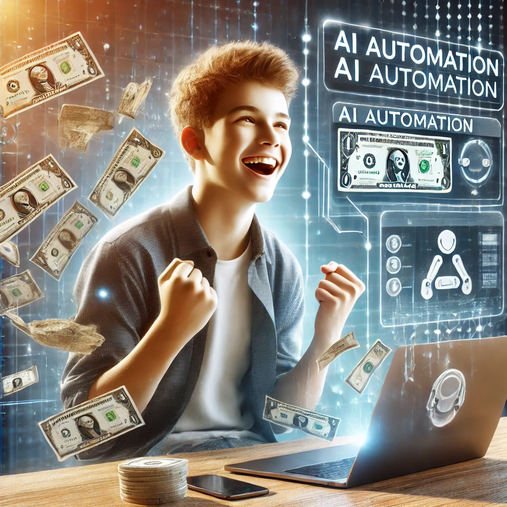 A joyful teenager celebrating in front of a laptop, surrounded by flying dollar bills and digital automation graphics.