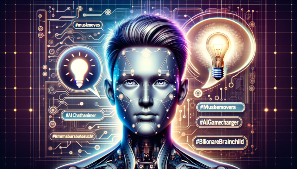 A futuristic humanoid figure with a digital face is surrounded by glowing light bulbs and hashtags related to AI and innovation, set against a colorful circuit board background.