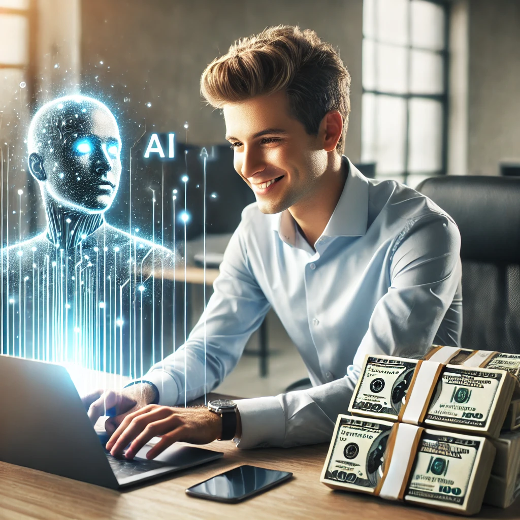 A young man sits at a desk working on a laptop, smiling while interacting with a holographic AI figure, alongside stacks of money.