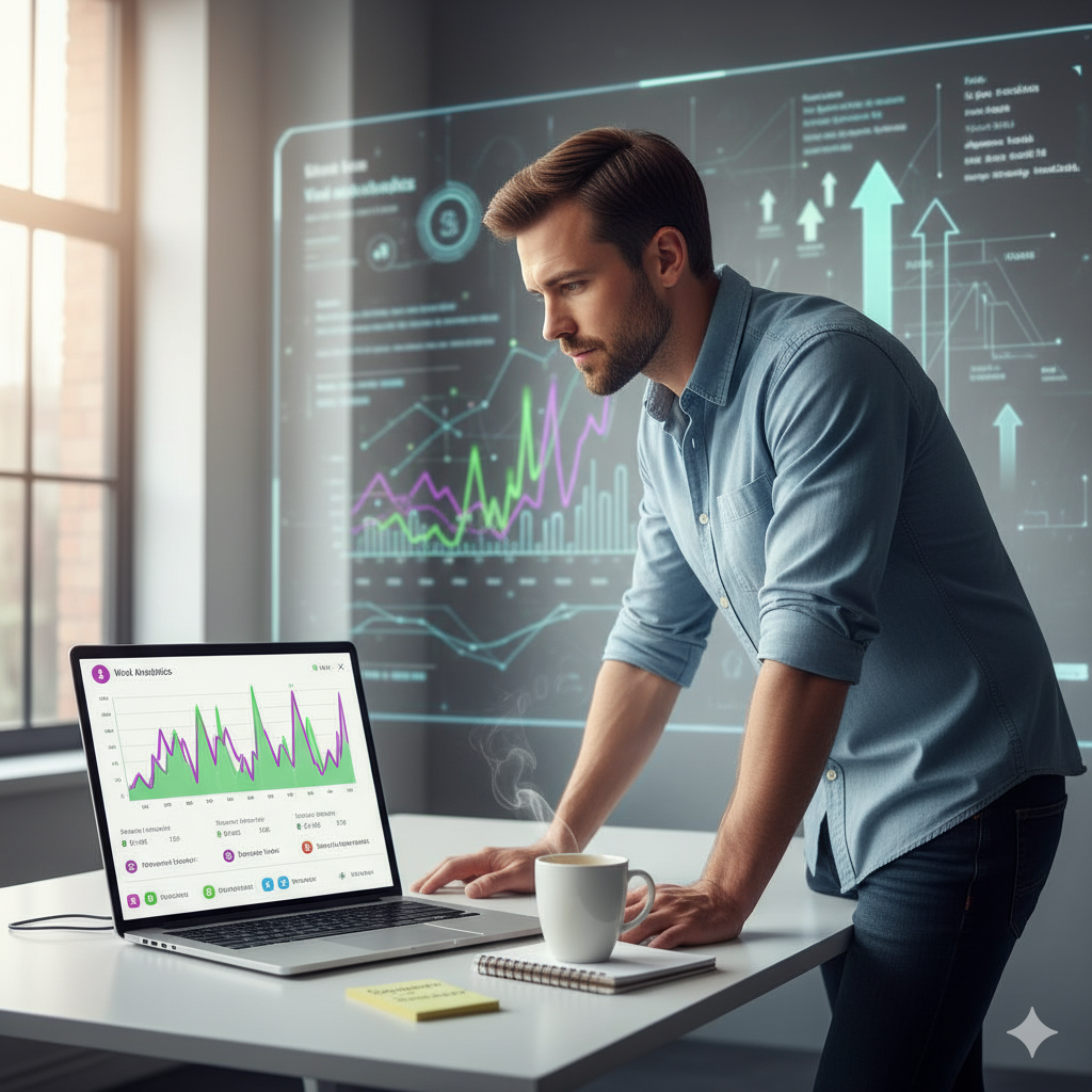 A man analyzing data on a laptop in a modern office, with colorful graphs and analytics displayed on the screen and a coffee cup on the desk.