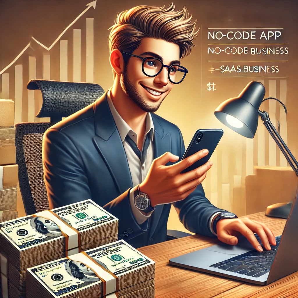 A young businessman in a suit, sitting at a desk with a laptop, holding a smartphone and smiling. Stacks of money are visible on the desk, and a graph indicating growth is displayed behind him.