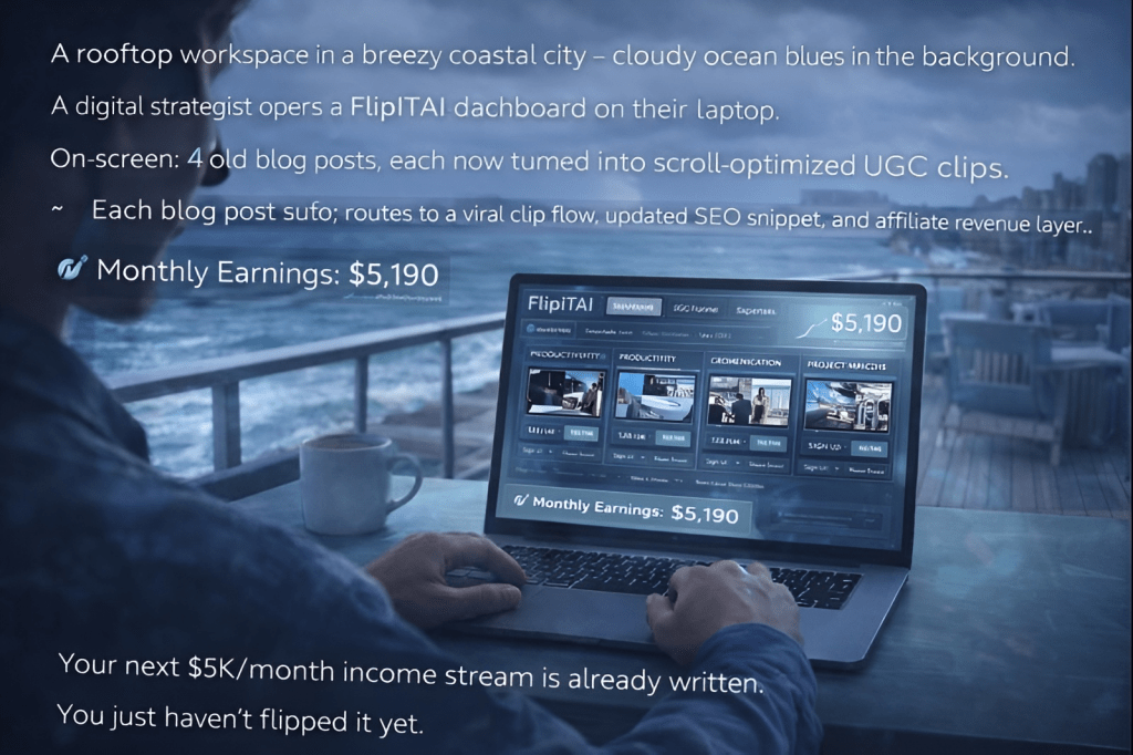 A digital strategist working on a laptop in a rooftop workspace by the coast, overlooking a cloudy ocean view. The screen displays a FlipITAI dashboard with four blog posts and monthly earnings of $5,190.