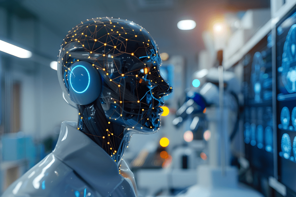 A futuristic humanoid robot head with a network of glowing connections, set against a laboratory background with monitors displaying data.